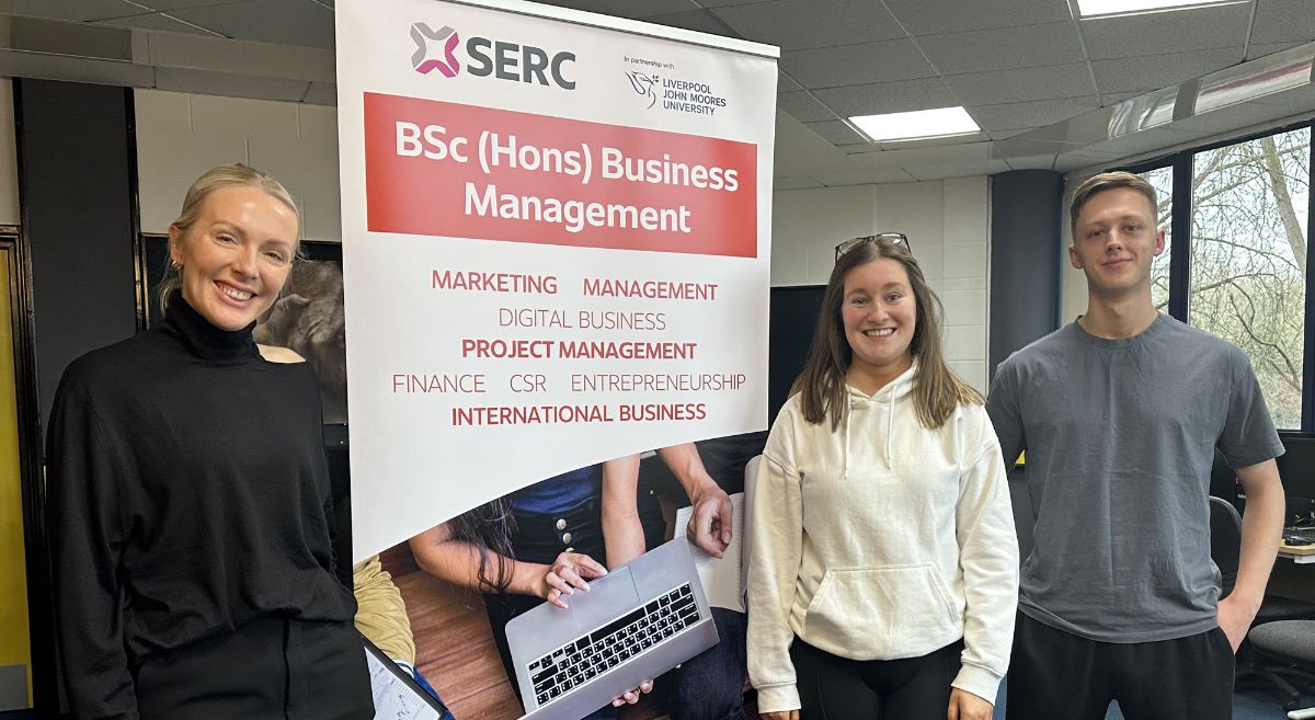 (Left to right) Sam King, owner and entrepreneur of Sam King Brow Artistry, with Zara Shaw and Jake Baxter, final year students on the LJMU BSc Business Management at SERC.    